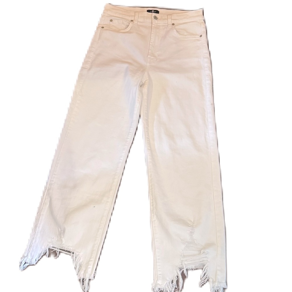 Women’s Seven for all Mankind wide leg cropped white jeans destroyed hem 27